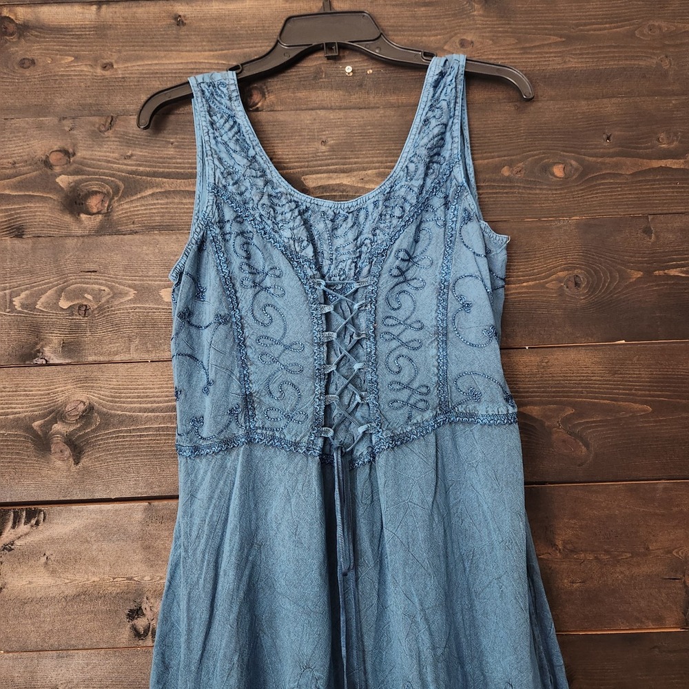 Just Cruising Cottagecore Blue Lace Up Front Dress Embroidered Whimsigoths Smock - Picture 4 of 10